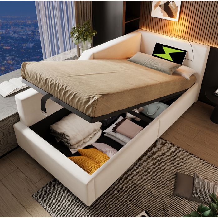 ULEVR Lit de jour coffre 90x190 cm en velours beige avec sommier à lattes lampe de lecture et charge USB-C