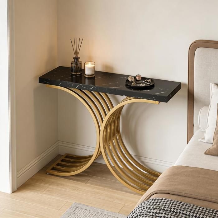 Table console 100x30x80 cm EVRYAE - plateau aspect marbre 5 cm structure métallique avec patins - Noir et Or
