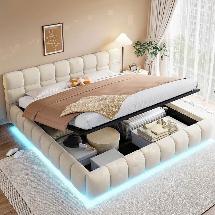 Lit coffre double 180 x 200 cm avec Éclairage LED multicolore Lit rembourré avec Rangement hydraulique Revêtement en velours Beige