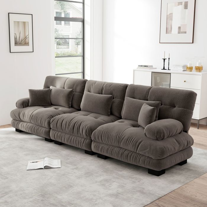 Canapé dAngle modulaire assise profonde revêtement chenille rembourrage confortable coloris marron