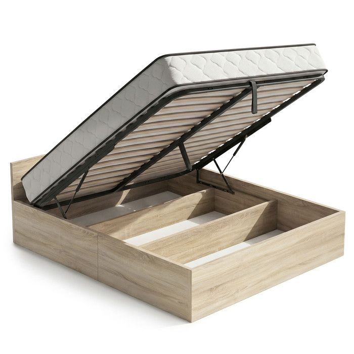 Lit coffre 160x200 cm sommier relevable en métal et matelas à ressorts Chêne Sonoma