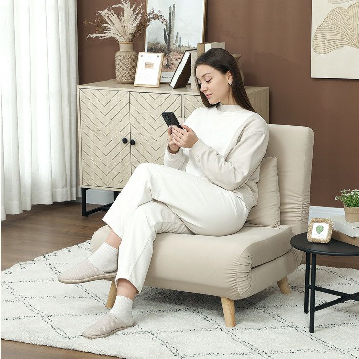 ELVORIN Fauteuil lit 1 place 72 x 78 x 79 cm velours beige dossier réglable 6 positions 120 kg