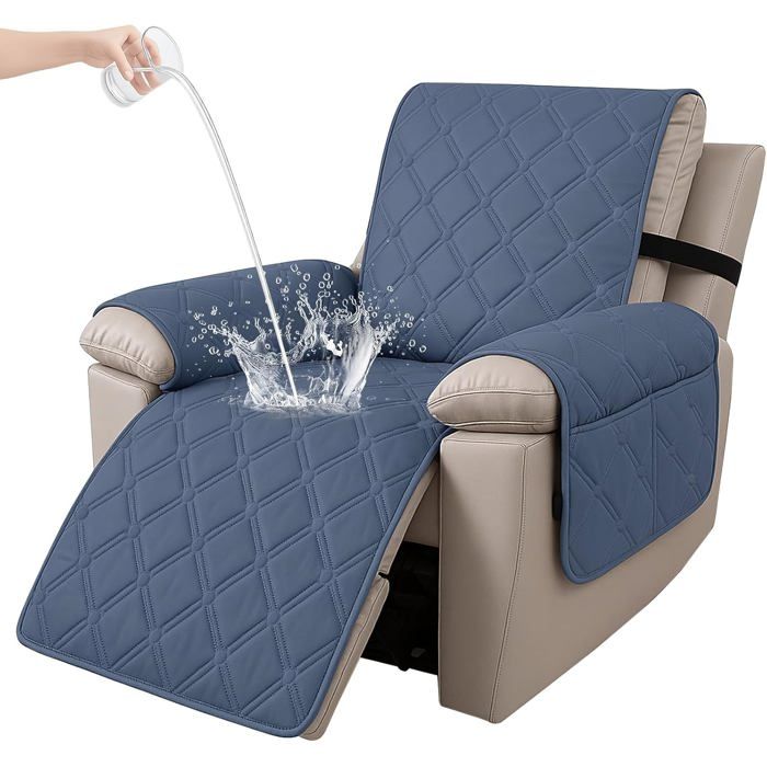 100% Étanche Housse Fauteuil Relax Inclinable Electrique Antidérapant Protection Fauteuil Relax 1 Place avec Poches Bleu Gris