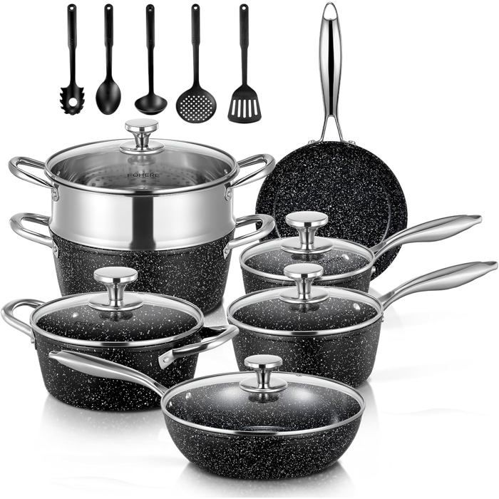 Batterie Cuisine Induction 17 Pièces Poêles Et Casseroles Aluminium Antiadhésives Avec Couvercles Noir