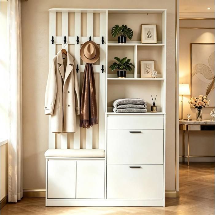 MEUBLIV Vestiaire dentrée 120 x 30 x 200 cm en MDF blanc avec banc rembourré 2 abattants à chaussures 1 tiroir
