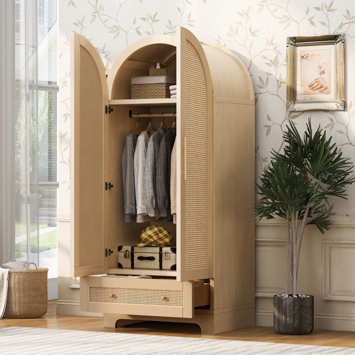 Armoire penderie 70x55x170 cm avec portes arquées effet rotin 2 tiroirs rangement intérieur bois naturel