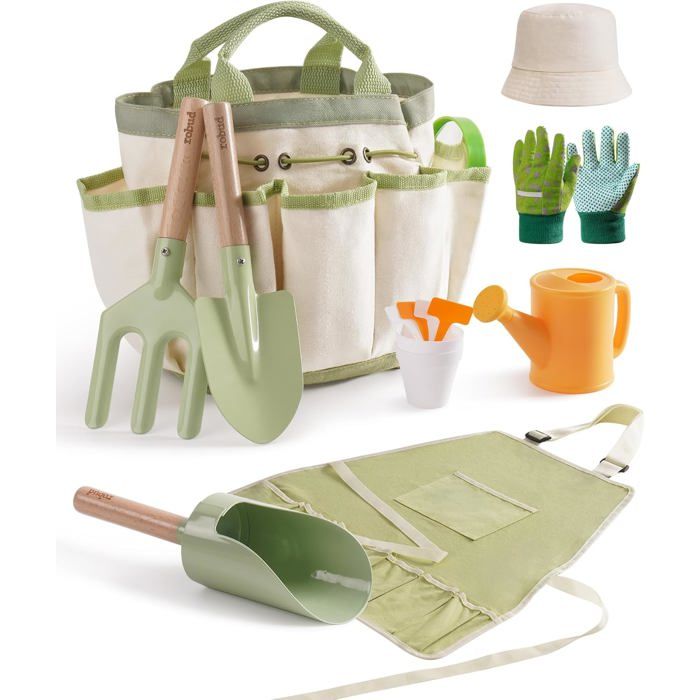 ROBUD Kit Jardinage Enfant 18 Pièces avec Tablier Outils de Jardin Arrosoir Pots et Accessoires Jouet Éducatif Extérieur 3+ Ans