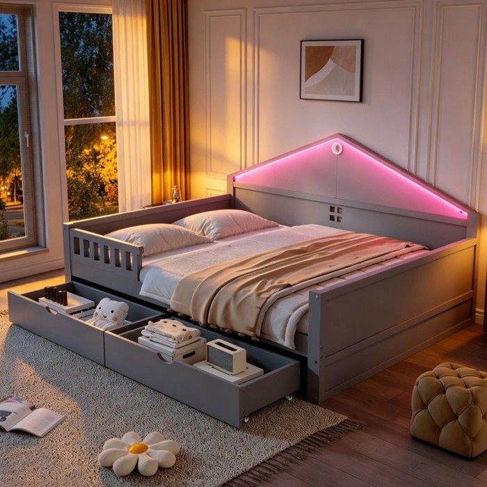 Lit double enfant gris 140x200 lumière LED tiroirs rangement sommier lattes adapté ado sans matelas Lit double enfant gris 140x200 lumière LED tiroirs rangement sommier lattes adapté ado sans matelas