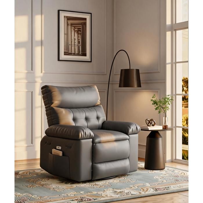Fauteuil Relax Pivotant XL Inclinable en Similicuir Gris Capacité 180kg Assise Épaisse & Rembourrée Salon et Salle à Manger.