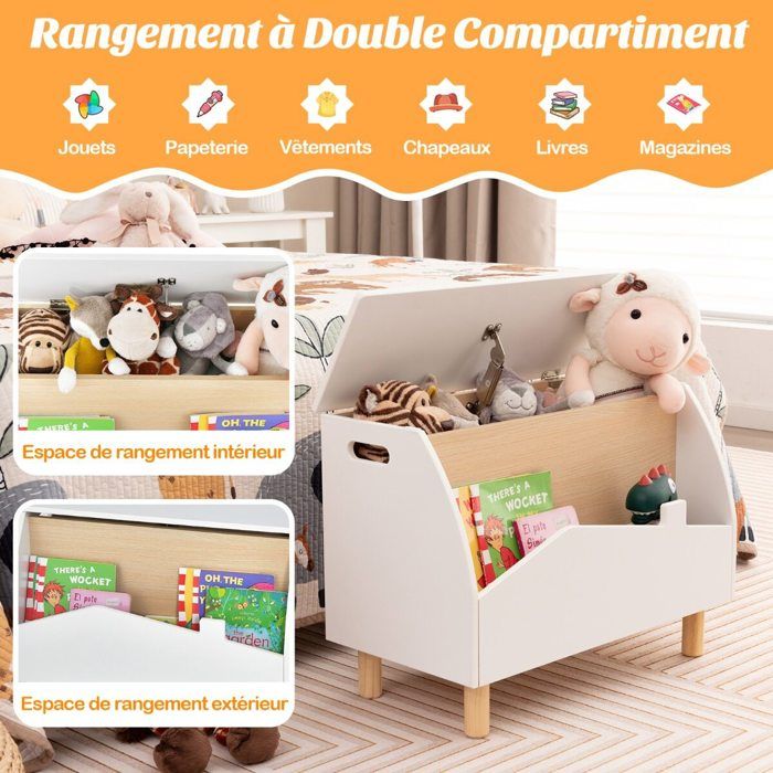 Montage rapide coffre à jouets enfant blanc avec charnière de sécurité 2 compartiments et étagère à livres