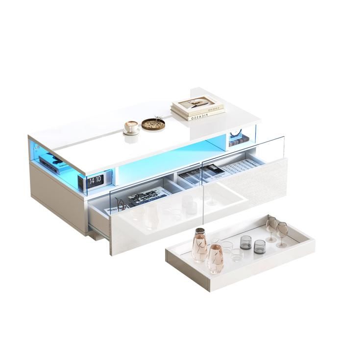 Table Basse Salon à 3 Niveaux Étagère de Rangement LED et tiroirs en acryliqueTable Cocktail pour Chambre Salon Bureau Bar