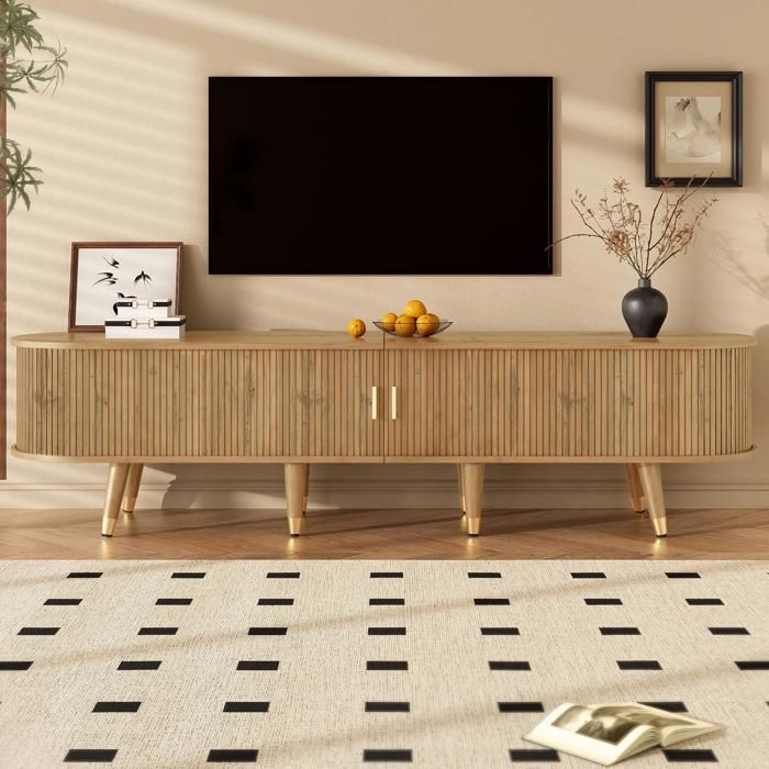 Meuble TV - 175x38x45cm - Banc TV avec Portes Coulissantes à Lattes 2 Tiroirs & Pieds Embouts Dorés - Bois Clair Naturel