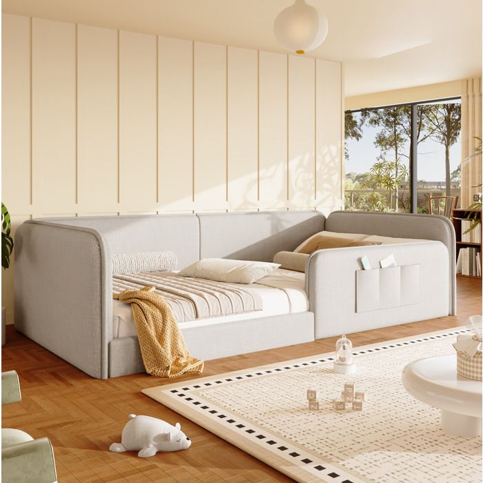 Lit 1 Place En Lin Beige Lit Plateforme Rembourré FloraGrace Pour Chambre Enfant Ou Ado Avec Poches De Rangement 209x98x55cm