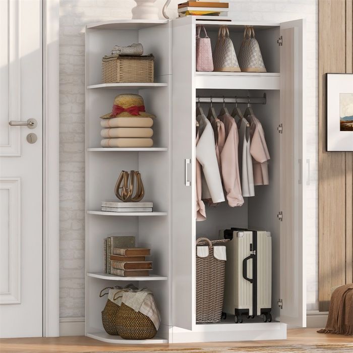 Armoire de chambre avec 2 Portes 90x55x175 cm Blanc - Étagères dAngle Latérales - Poignées argentées