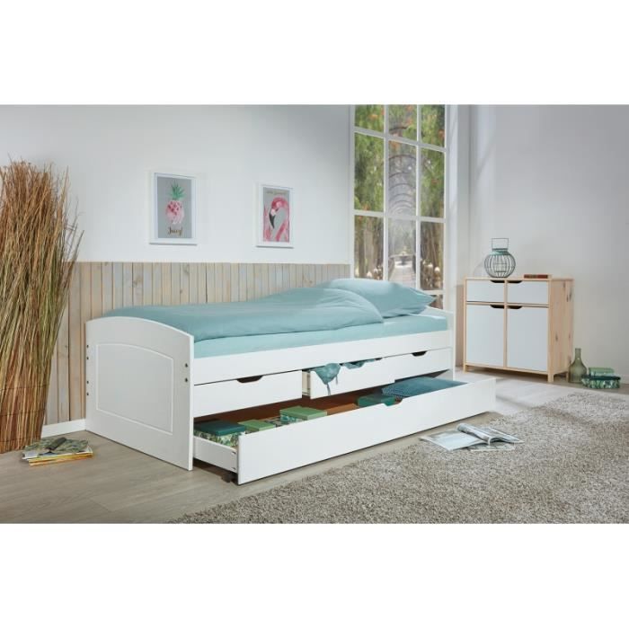 lit gigogne rieka - ac-déco - pin massif - blanc - 90 x 200 cm - avec tiroirs