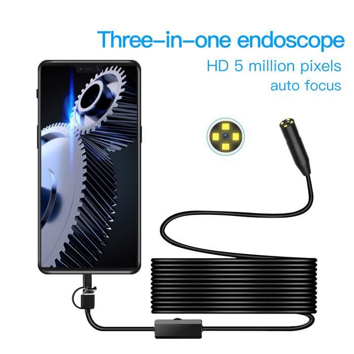 Mini Caméra Endoscopique Android 3 en 1, Micro USB Type-C, Boroscope  Étanche, LED, Inspection de