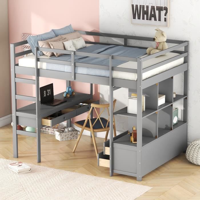 lit mezzanine enfant avec bureau, tiroirs et niches de rangement en pin - gris - 140 x 200 cm