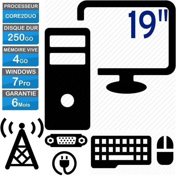 PC complet bureautique Core2Duo 250Go HDD 4Go Ram Wifi Office écran 19\