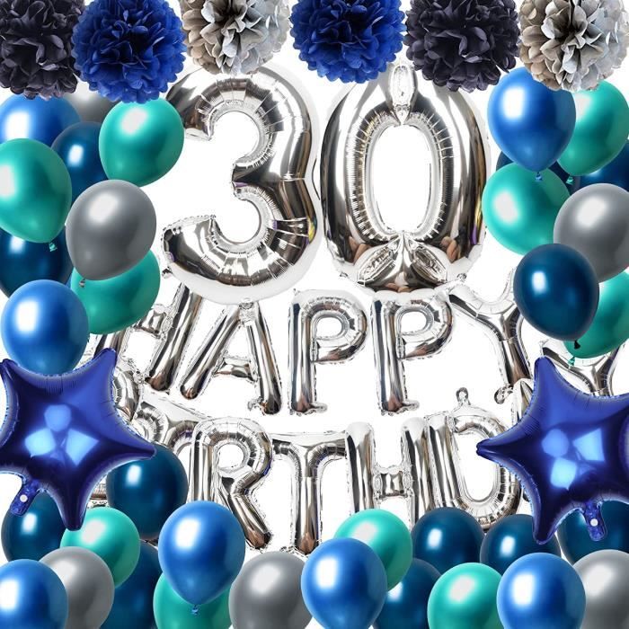 Décoration d'anniversaire 30 ans pour homme Bleu argenté Décoration