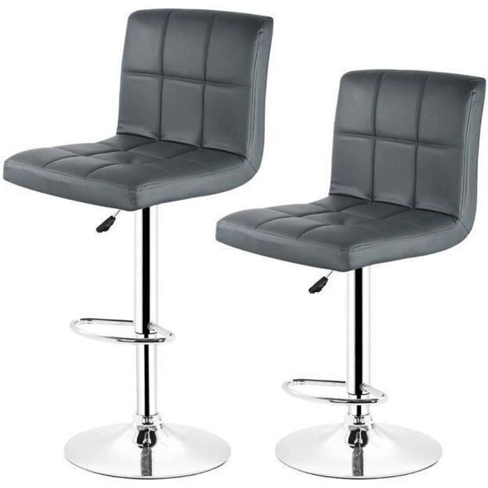 Lot de 2 tabourets de bar design WISS en simili gris - Métal - Réglable en hauteur - Stabilité renforcée