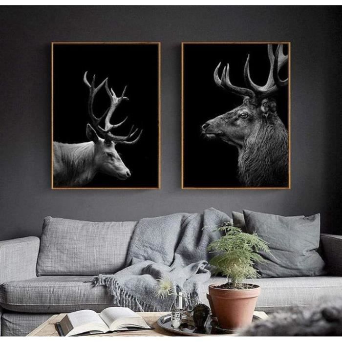 Tableau Toile Animalier Abstrait 40x60 Cm - Motif Cerf, Chat, Chien Tête/corps Humain - Décoration Murale Moderne Sans Cadre