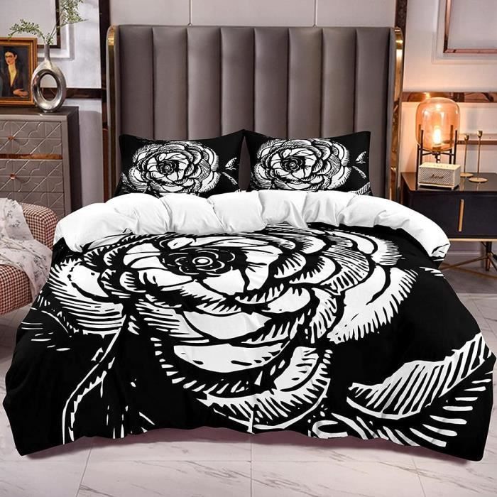 Housse de Couette 220x240cm Noir et Blanc Rose Imprimée avce 2 taies d