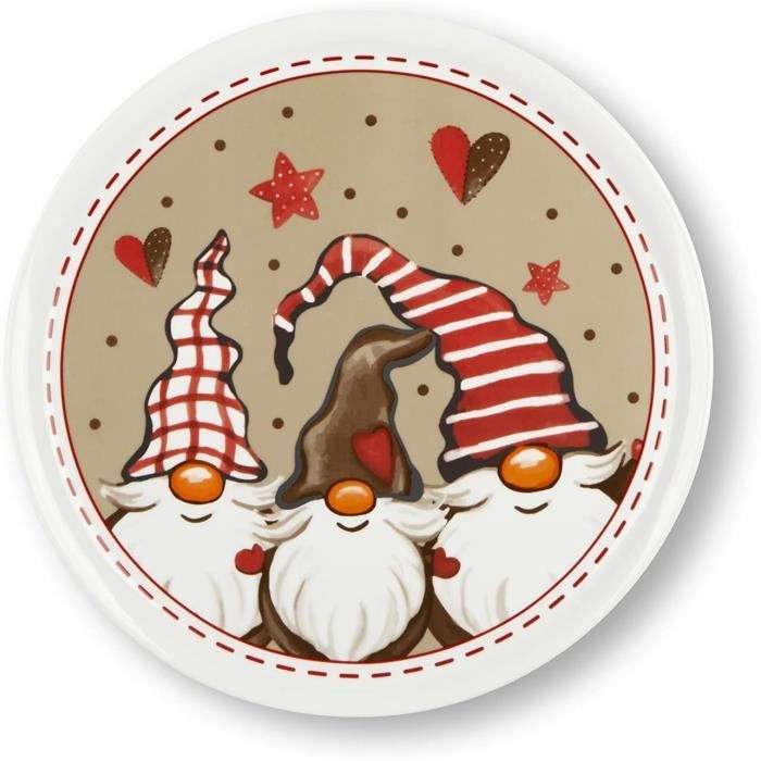 Lot De 6 Assiettes Panettone Noël Gnomo Friends - Porcelaine Décorée, Diamètre 31 Cm | Service De Table Festif Et Réutilisable
