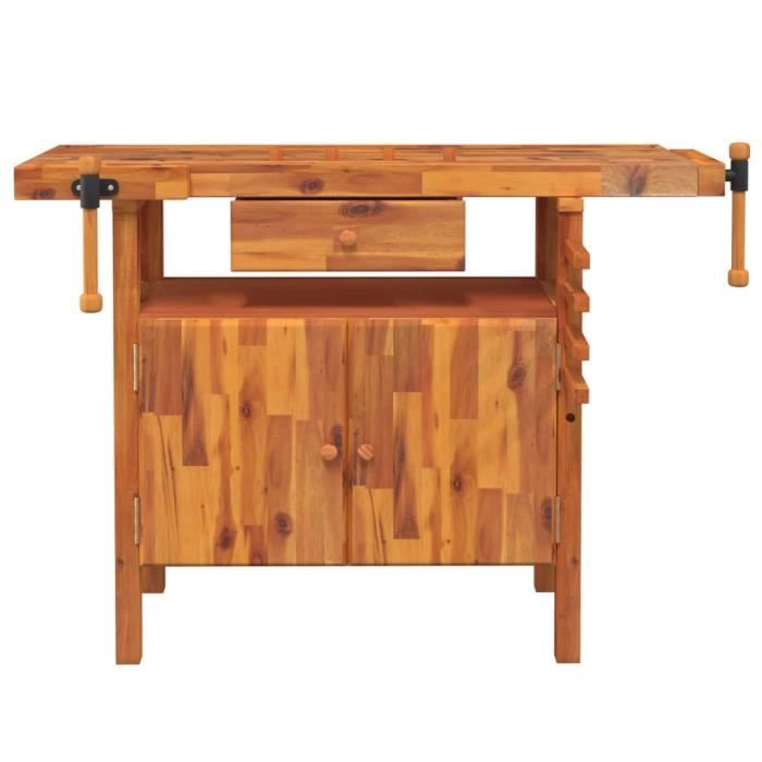 Établi En Bois D’acacia Massif – 124x52x83 Cm – Avec 4 Tiroirs & étaux – Atelier, Garage, Bricolage