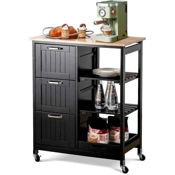 GOPLUS Desserte de Cuisine à roulettes Chariot de Cuisine en Bois avec 3 Tiroirs 3 Étagères Plateau Amovible 67x37x835CM Noir