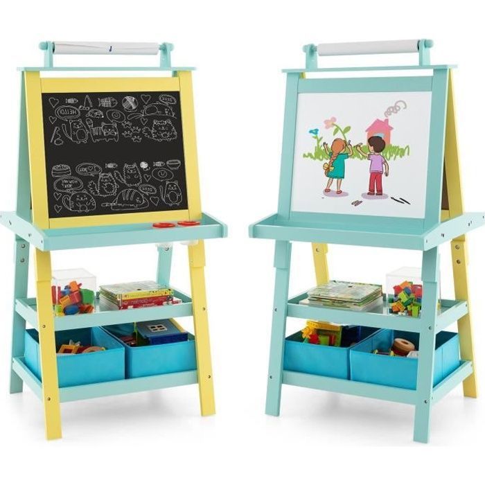GOPLUS Tableau Enfant Noir/Blanc Magnétique 59x50x117CMChevalet Double Face avec Rouleau de Papier et Boîtes de RangementJaune
