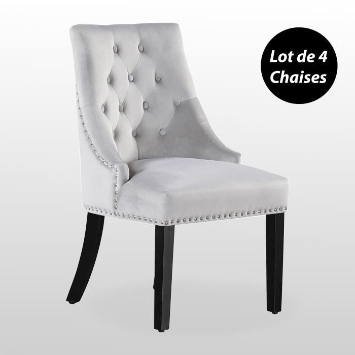windsor - lot de 4 chaises capitonnées grises en velours  - style classique & design - pieds en bois - salle à manger, salon ou coif