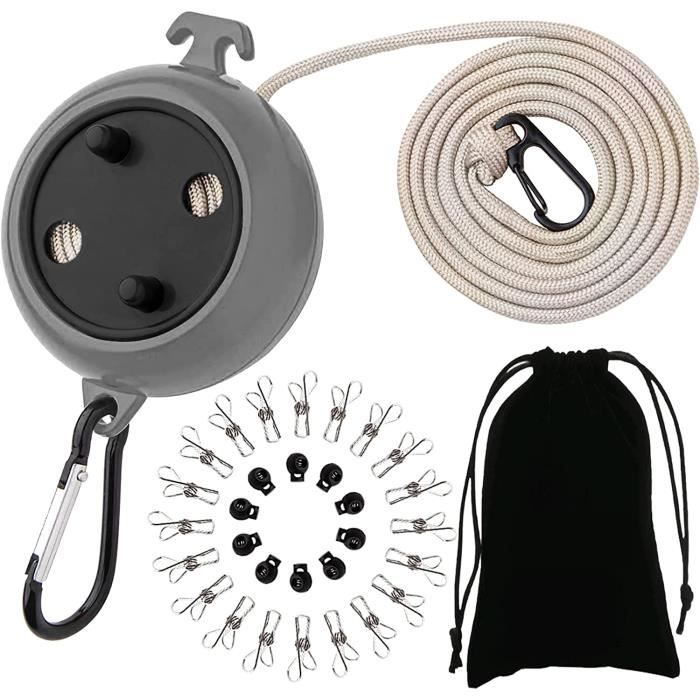 8m Corde à Linge Retractable avec 10 Boucles Fixes et 20 Pinces Coupe-Vent Étendoirs Portable pour Jardin Camping-Car Voyage