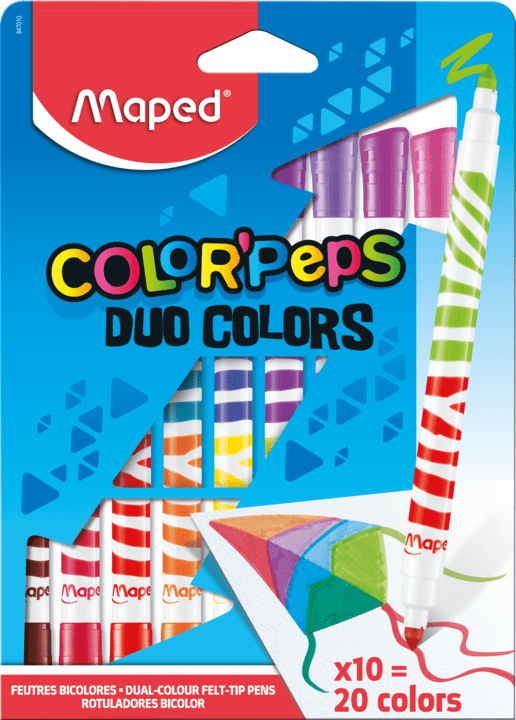 Maped - Feutres de Coloriage 2 en 1 - Duo de Couleur et Encre Lavable à l'eau - 10 Feutres pour 20 Couleurs
