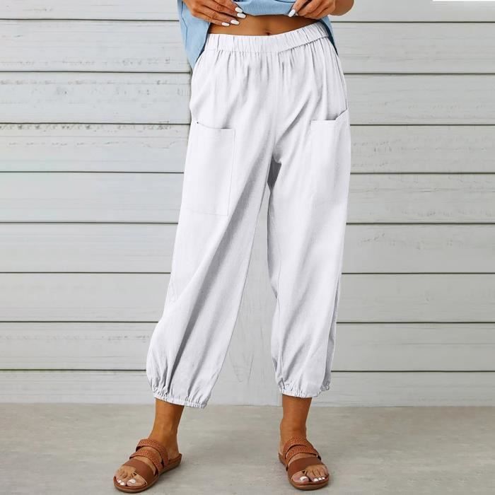 Pantalon femme Sasaquoy Pantalon décontracté en coton et lin à la mode Pantalon de couleur unie avec poche de ceinture ample Blanc