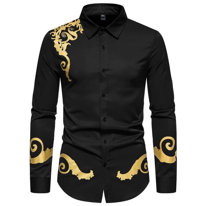 Chemise Homme Chemise Imprimee Dore Chemisette a Manches Longues Chemises Business Casual Decontractee Henley Shirt Pour Homme Noir Noir Cdiscount Pret a Porter