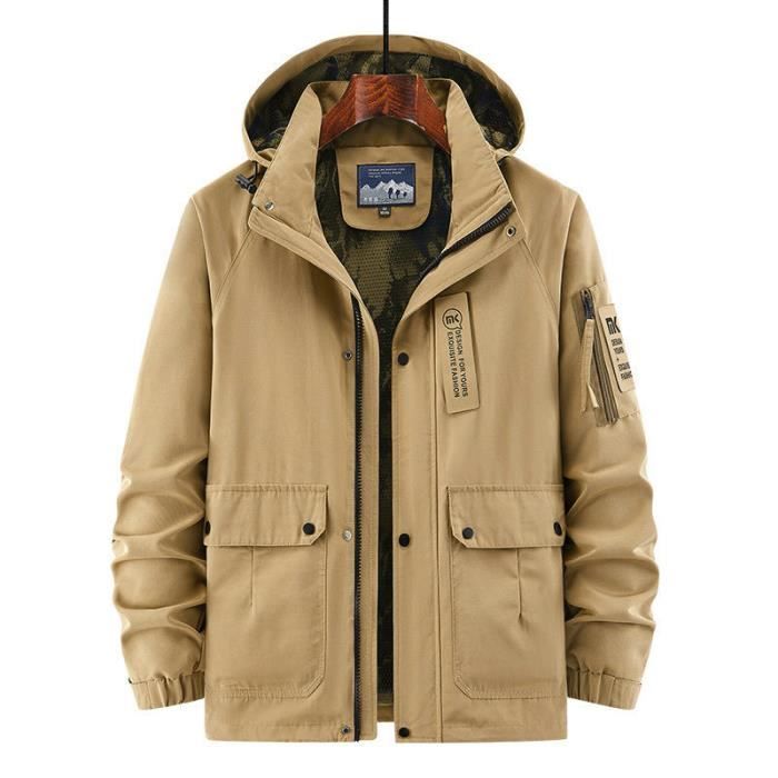 Blouson Homme Printemps Et Automne Avec Capuche Amovible Veste Zippee Multi Poches Col Montant Confortable