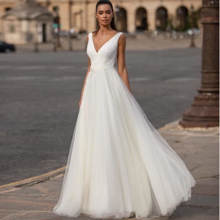 robes de mariée blanches xl à col en v profond 2020 nouvelle mariée française femme maille simple blanc tempérament super féer