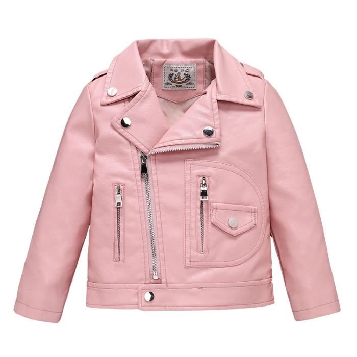 Blouson Enfant Fille en Similicuir INSFITY Col revers Motard Rose