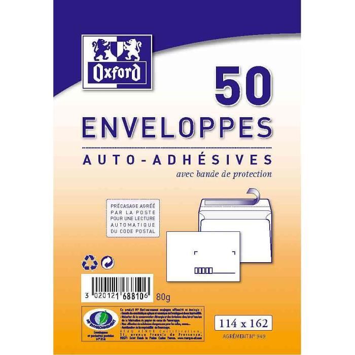 OXFORD Paquet 50 enveloppes pré-casés auto-adhésives 80g 114 x 162 mm