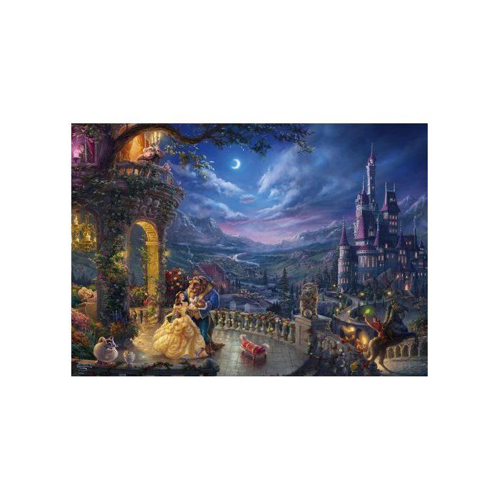 Puzzle 1000 pieces - La Belle et la Bete Danse au Clair de Lune - Puzzle Adulte Thomas Kinkade - Set Puzzle Dessin anime et Carte