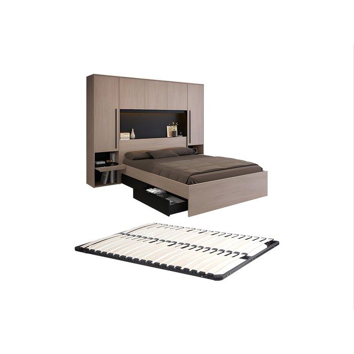 Lit pont 140 x 190 cm avec rangements - Avec LEDs - Coloris : Naturel et noir + Sommier - VELONA