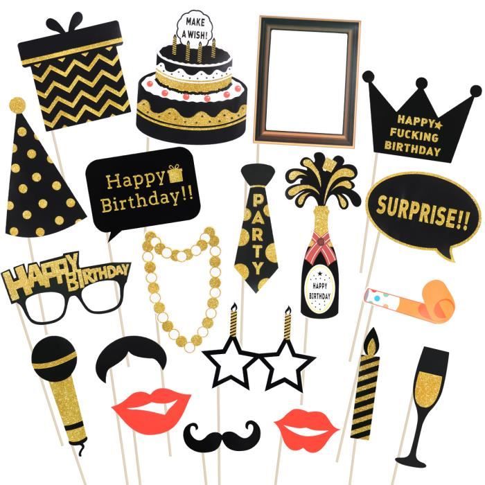 Props Anniversaire DIY Kit Accessoires Photo Booth YUBBYSTU - 30 Pièces Noir Et Or Pour Mariage, Anniversaire, Fêtes Kit Accessoires Photo DIY
