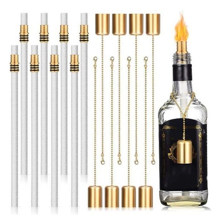 Topyond Kit Torche Bouteille Vin – 8 Mèches Longue Durée + Supports Laiton – Luminaires Jardin Terrasse