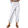 Pantalon femme Sasaquoy Pantalon décontracté en coton et lin à la mode Pantalon de couleur unie avec poche de ceinture ample Blanc-1