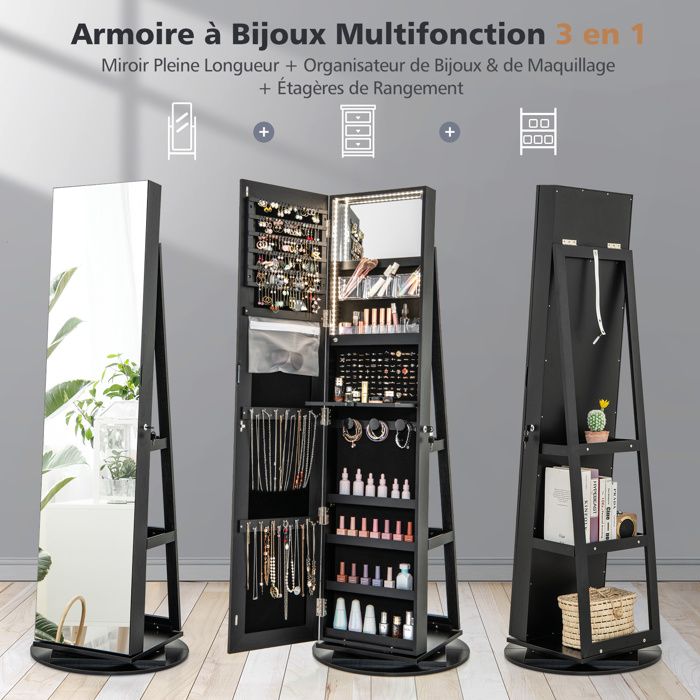 COSTWAY Armoire à Bijoux Pivotante à 360°, Rangement Bijoux Design 3 en 1 avec Miroir Pleine Longueur sans Cadre et Lumières LED 3 Couleurs, Style Nordique (Gris,Style 1