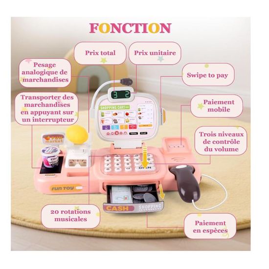 Jouet Caisse Enregistreuse pour Enfants,Marchande Enfants Inclut 46 Accessoires ( Scanner avec Effets D'éclairage, Une Machine à Café et d'autres Accessoires), Jeu de Rôle pour Garçon Fille de 3+ Ans