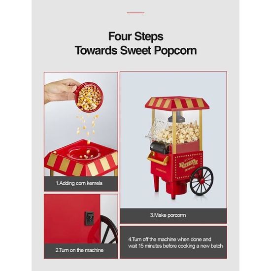 Machine à Popcorn à Air Chaud 1200W - Sans Huile, 3 Minutes, Capacité 120g/min, Rétro Rouge, Pour Cinéma Maison, Soirées - 6