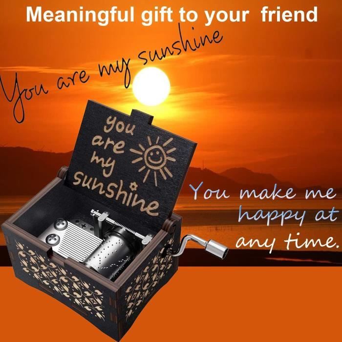 Boîte à Musique En Bois « You Are My Sunshine » Avec Tournesols - Cadeau Saint-Valentin, Anniversaire, Noël - 6.4 X 5.5 Cm, Manivelle