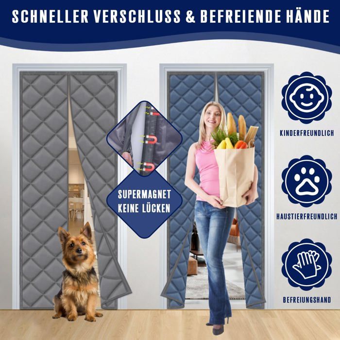 Rideau Magnétique Thermique Fillis 100x220cm - Rideau Porte Isolé PU Anti-Froid Et Coupe-Vent Gris