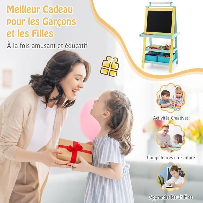 GOPLUS 4-en-1 Tableau Enfant – Chevalet Magnétique Blanc/Noir, Tabouret, 2 Bacs Pliables, Étagère – Thème Renard, Dès 3 Ans